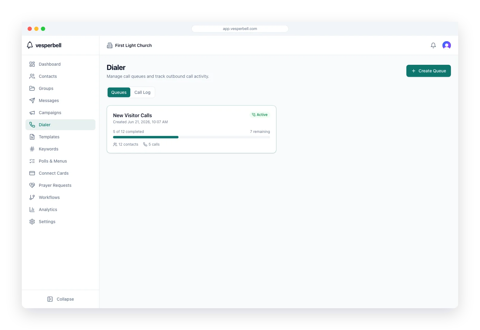 The dialer: work a call queue with a built-in softphone