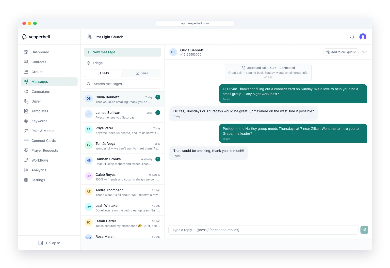 Vesperbell's shared inbox: a two-way text conversation with an inline call log